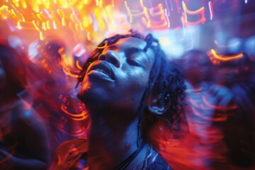 A man with dreadlocks is dancing in a club with a group of people