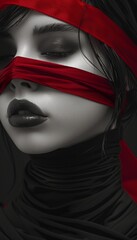 A beautiful woman blindfolded with a red ribbon.