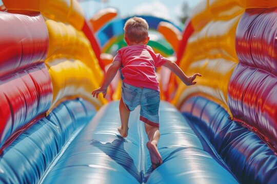 A young boy runs through a colorful inflatable obstacle course