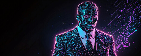 silhouette of a man in purple and blue shades in a suit painted with neon lines on a monochrome background - obrazy, fototapety, plakaty