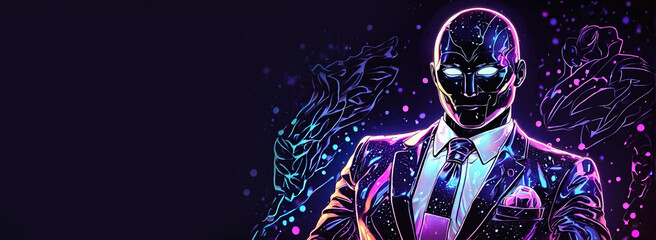 the silhouette of a bald man in purple and blue shades in a suit painted with neon lines on a monochrome background - obrazy, fototapety, plakaty