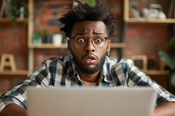portrait of shocked, angry african american man in front of the laptop. face expressions. High quality photo