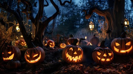 The quiet before the storm in a haunted forest, with lifeless trees standing guard over a congregation of mischievously carved pumpkins.