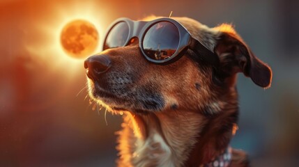Nostagia vintage dogs looking at a total solar eclipse with protective glasses on. Reflection of the total solar eclipse in the glasses background.