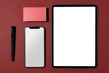 Digital devices, blank screen, flat lay design