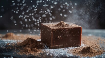 A serene image of a freshly cut block of fudge, its smooth surface glistening with a dusting of powdered sugar, inviting a delightful indulgence on National Fudge Day. - Powered by Adobe