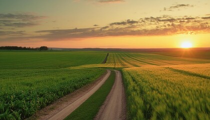 panorama of green field with dirt road and sunset sky summer rural landscape sunrise