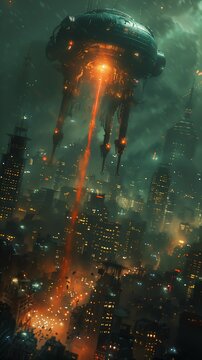 city flying saucer middle night death robots series lens flares gotham steam pipes church nether
