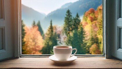 cup of steaming coffee by a window with a view to autumn trees cozy hygge atmosphere vertical banner with copy space for instagram story