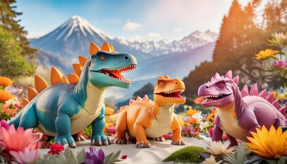 colorful cartoon dinosaurs in a whimsical landscape this vibrant image showcases playful cartoon...