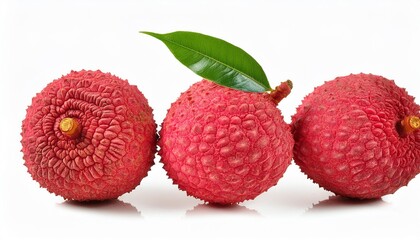 three red lychee with a green leaf on top