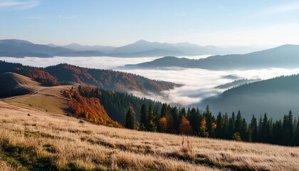 autumn foggy landscape morning view on mountains splendid nature image europe travel carpathians ukraine - obrazy, fototapety, plakaty