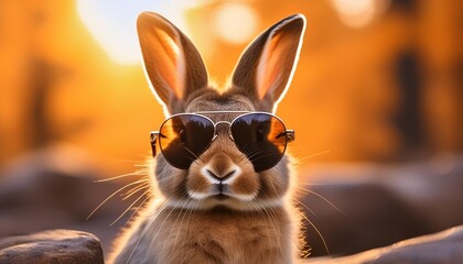 funny rabbit in sunglasses on orange background