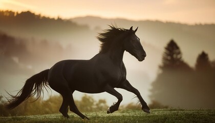 running black horse warmblood at morning field