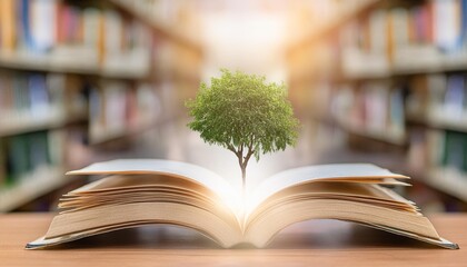 the concept of education by planting a tree of knowledge in the opening of an old book in the library and the magical magic of light that flies to the destination of success beautiful background