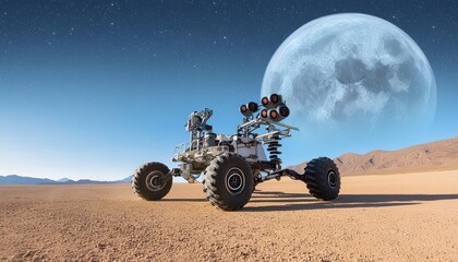 six wheeled exploration rover traverses barren extraterrestrial terrain with an earth like planet and stars in the backdrop 3d render
