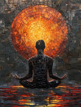 A Man is meditating and sun. Mosaic Art Print. Building yourself from pieces, yoga concept.