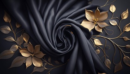black luxury cloth silk satin velvet with floral shapes gold threads luxurious wallpaper elegant abstract design