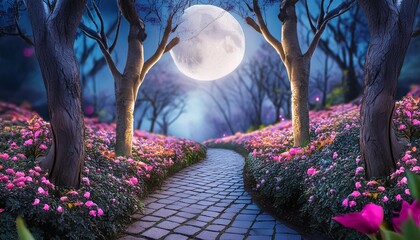 fantasy fairy tale background with forest and blooming path fabulous fairytale outdoor garden and moonlight background ai generative