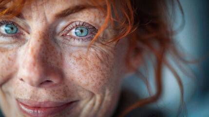 Close-Up Smiling Detailed Middle-Aged 50 to 60 Year Old Woman Redhead