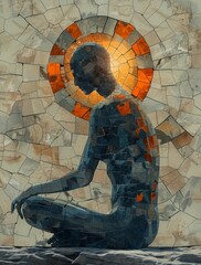 A Man is meditating and sun. Mosaic Art Print. Building yourself from pieces, yoga concept. - obrazy, fototapety, plakaty