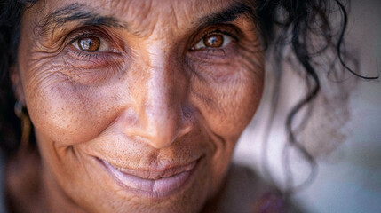 Close-Up Smiling Detailed Middle-Aged 50 to 60 Year Old Woman Brown-Skinned Indian or Latina