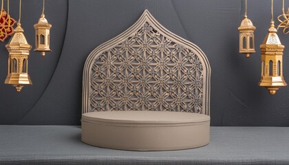 empty 3d podium round stage with islamic ornament and black background for ramadan kareem eid...