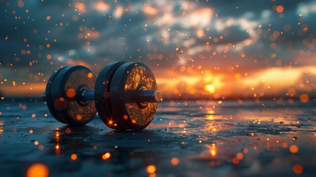 Dumbbells on Beach at Sunset, Fitness Concept