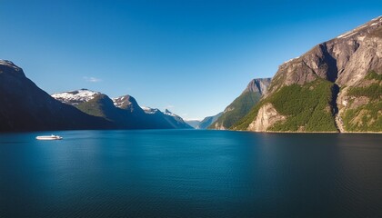majestic fjords with steep cliffs and deep blue waters serene sky conveying the tranquility and magnificence of glacially carved landscapes photore