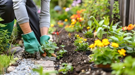 Gardener planting flowers in a vibrant spring garden