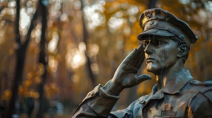 Bronze statue of a soldier in salute set against an autumn backdrop