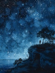 starry night sky lone person standing cliff illustrated top cow comics glittering stars scattered about reflecting deep bright longing intangible blue wall dreaming