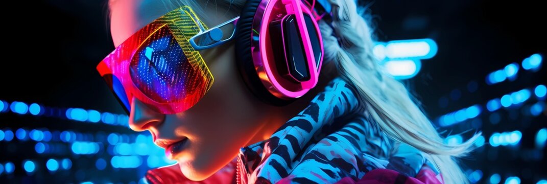 Stunning visual of a female dj embracing edm culture with colorful, futuristic eyewear and headphones, set against a vibrant, neon-lit backdrop, ideal for techno music and future fashion themes - Powered by Adobe