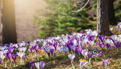 closeup of blooming crocus flowers on the glade spring nature background on a sunny day in primeval forest
