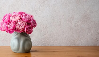 realistic photo beautiful pink flowers in a vase on a wooden table with a wall in the background generative ai