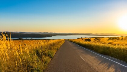 the empty road leading to the lake by sunset adventure themed landscape vistas