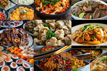 A collage-style image featuring a variety of international cuisines, showcasing the diversity of flavors and cultural influences