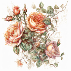 Realistic Rose Illustration, Detailed Floral Artwork, Botanical Drawing, Vintage Style, Garden Roses, Home Decor