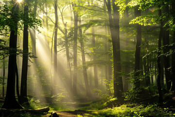 Fototapeta premium A tranquil forest scene with sunlight filtering through the trees