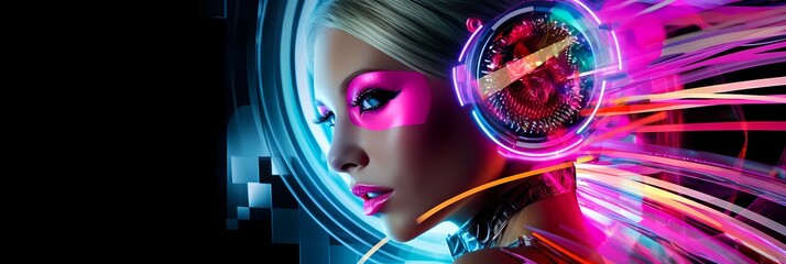 Futuristic female dj with neon makeup and cybernetic enhancements on vibrant cover art, embodying the cutting-edge fusion of edm and techno music with futuristic fashion aesthetics