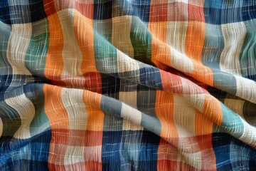 A colorful plaid blanket with a blue and orange stripe