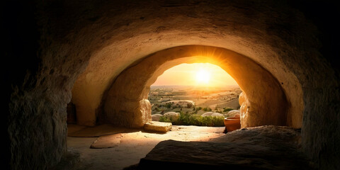 Empty tomb of Jesus Christ at sunrise, Jesus Christ resurrection