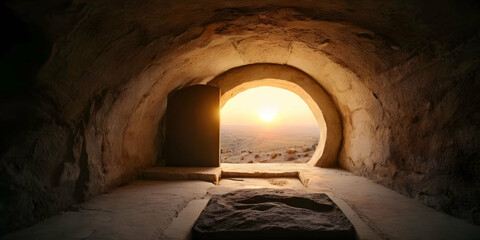 Empty tomb of Jesus Christ at sunrise, Jesus Christ resurrection