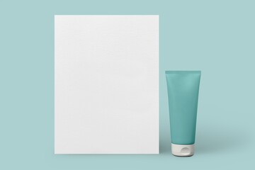 Blue skincare tube, blank paper, product packaging, beauty business branding design