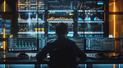A business analyst examines market trends with multiple screens in an office setting.