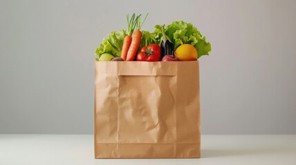 Papercraft brown grocery bag with fresh vegetables and fruits on a light gray background, in the style of copy space concept.