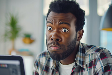 portrait of shocked, angry african american man in front of the laptop. face expressions. High quality photo
