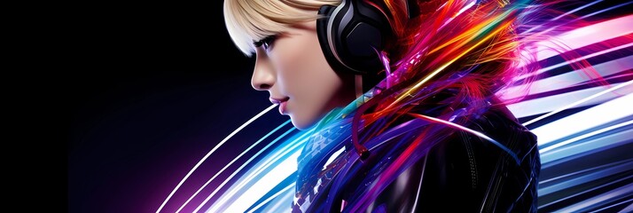 Stylish model wearing futuristic headphones with dynamic light streaks, capturing the essence of...