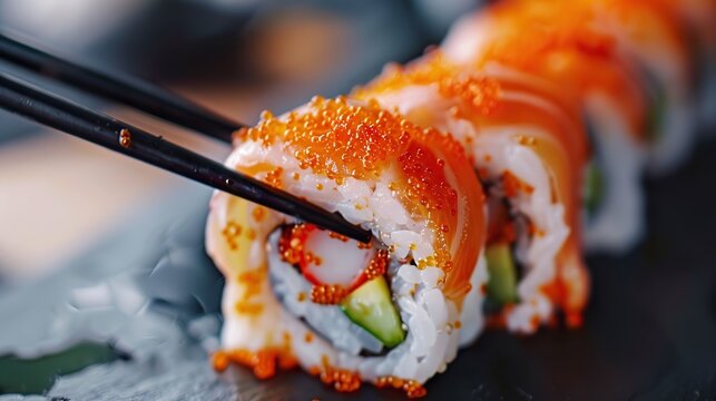 Close up delicious sushi piched with chopsticks