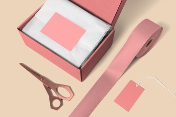 Blank gift card in pink parcel box